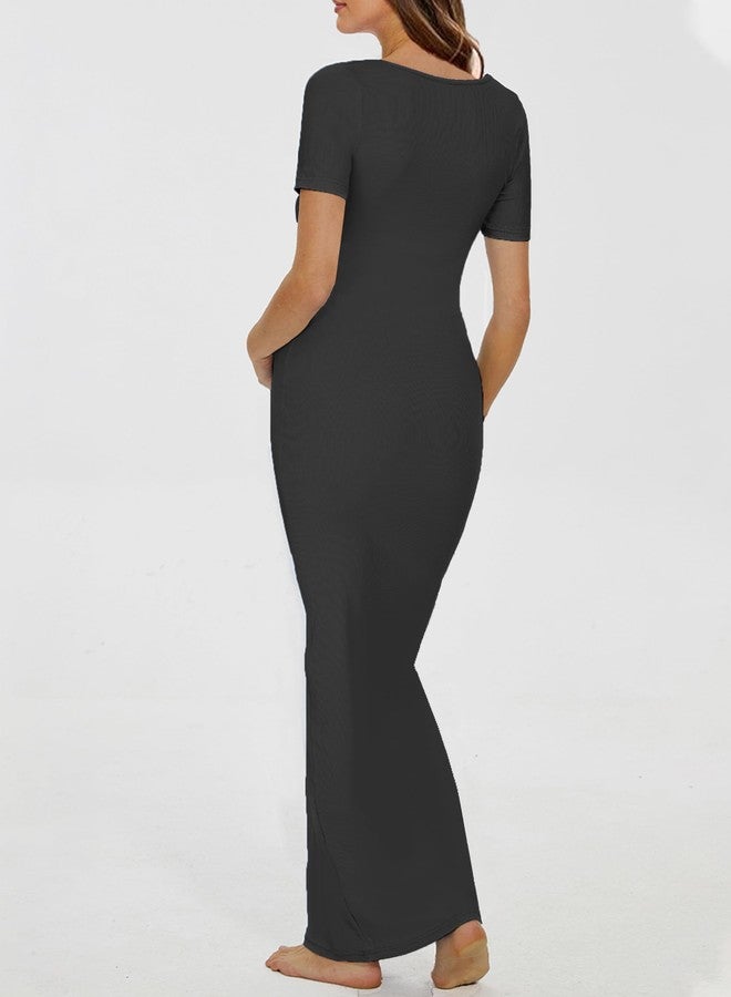 Peauty Black Maternity Dress Pregnancy Bodycon Maxi Dress Photoshoot Baby Shower Wedding Guest Casual Summer Outfit Summer Maternity Clothes(Black S) - Image 5